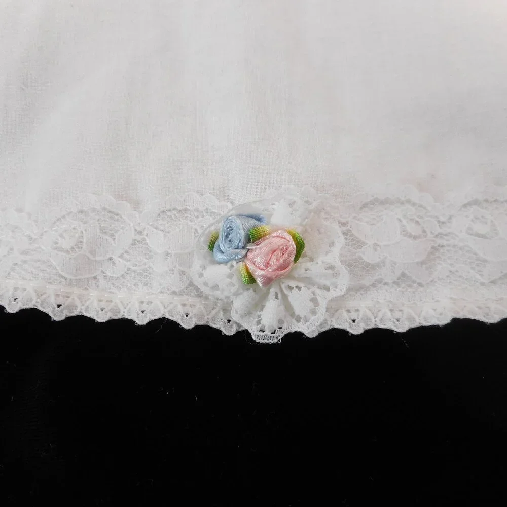Vintage White Baby Bib Lace Trim Tie-back Rosette Flowers